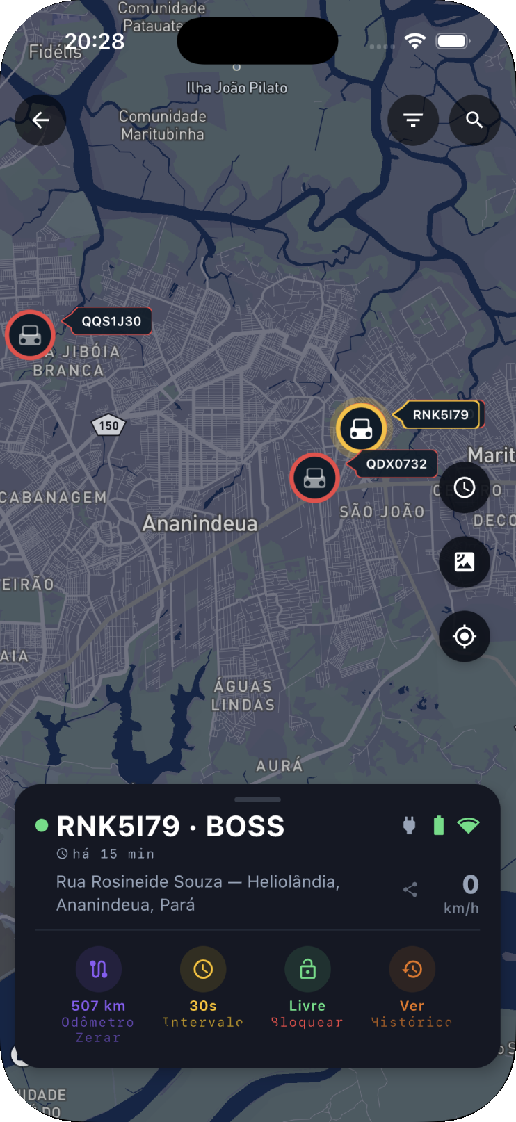 Aplicativo Guardian Tracker exibindo mapa com veículos monitorados em tempo real